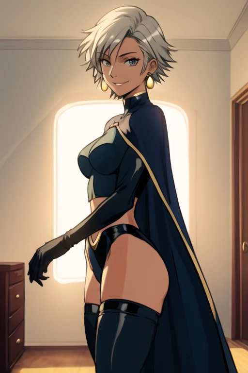 cape, thigh highs, gloves, midriff, bodysuit, earrings, short hair , Ororo, 1female, room, smile, Solo, Masterpiece, Best Quality,