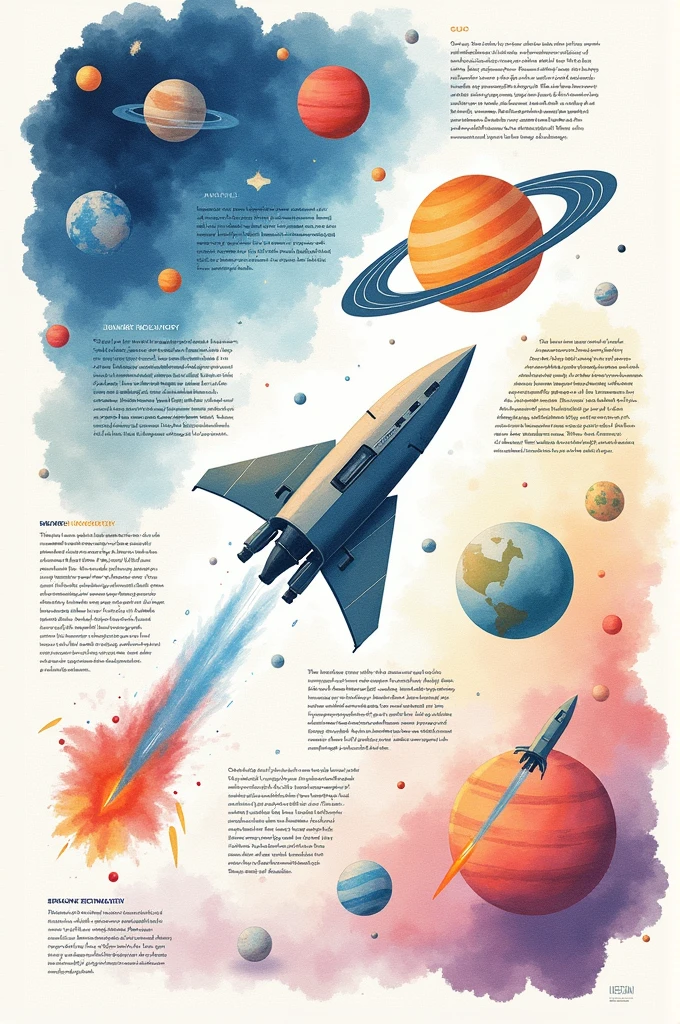 Make a poster with watercolor with some lines about it on all the three topics 
Space Technology
Space and Mythology
Space Exploration
Make the drawings a bit easier for me to draw. 