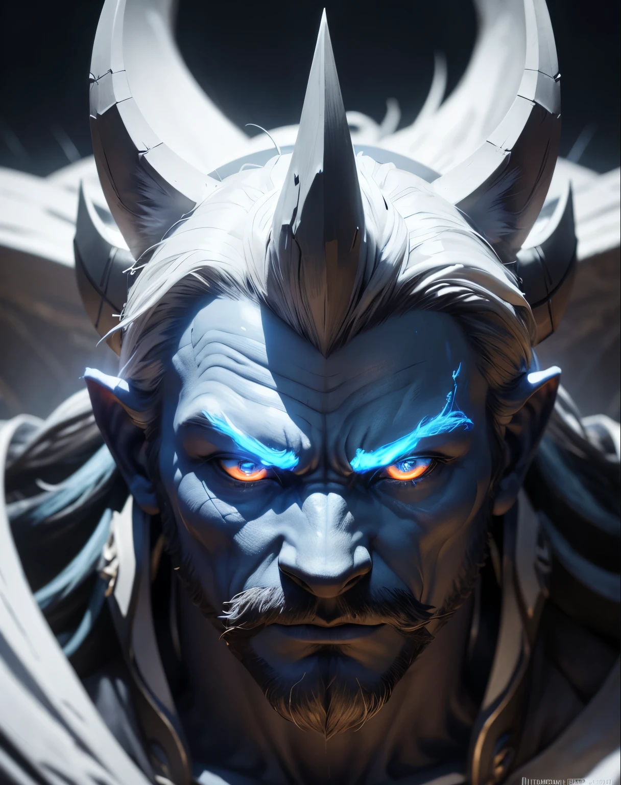 some pictures of a giant blue deity with large horns on his face, in the style of unreal engine 5, dark white, shwedoff, furry art, close-up intensity, mystic mechanisms, dark white and dark gray --ar 5:9 --s 750 --v 5.2