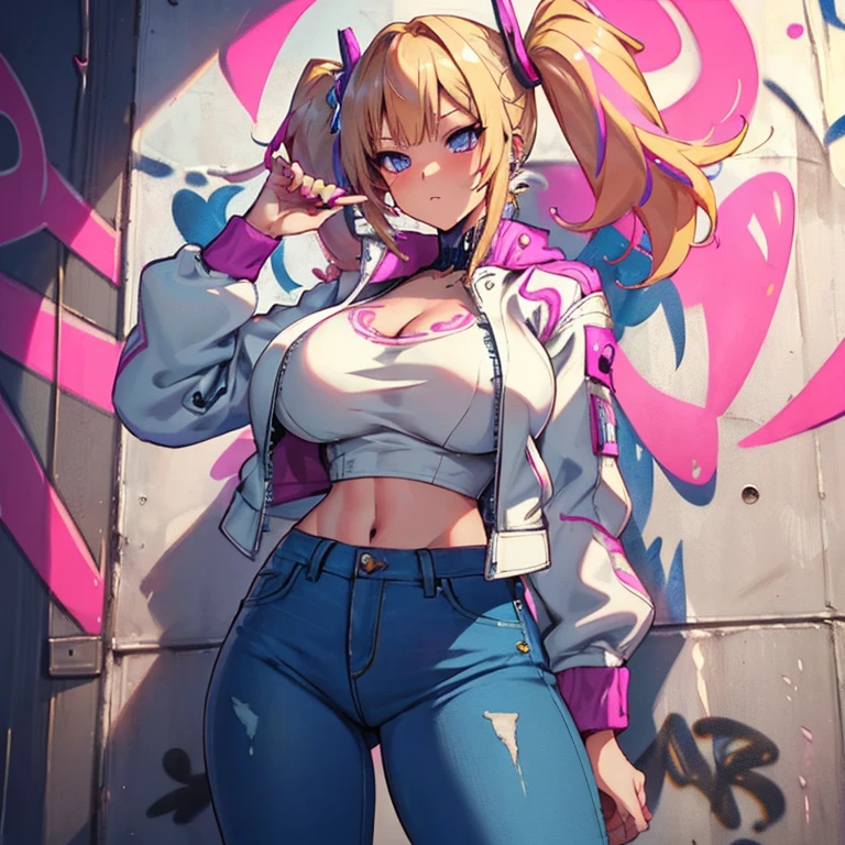 Anime Kawaii sexy Perfect Slim sensual body large breast and huge thighs, An intricate and highly detailed illustration of anime (Young girl)  8K,Ultra Detail,ultra-quality,ultra precision,ultimate masterpiece,GAL,big ,big Thigh,white leather jacket,jeans,twin tail(blond&pink mix),cool Graffiti on the wall,Cyber punk street,