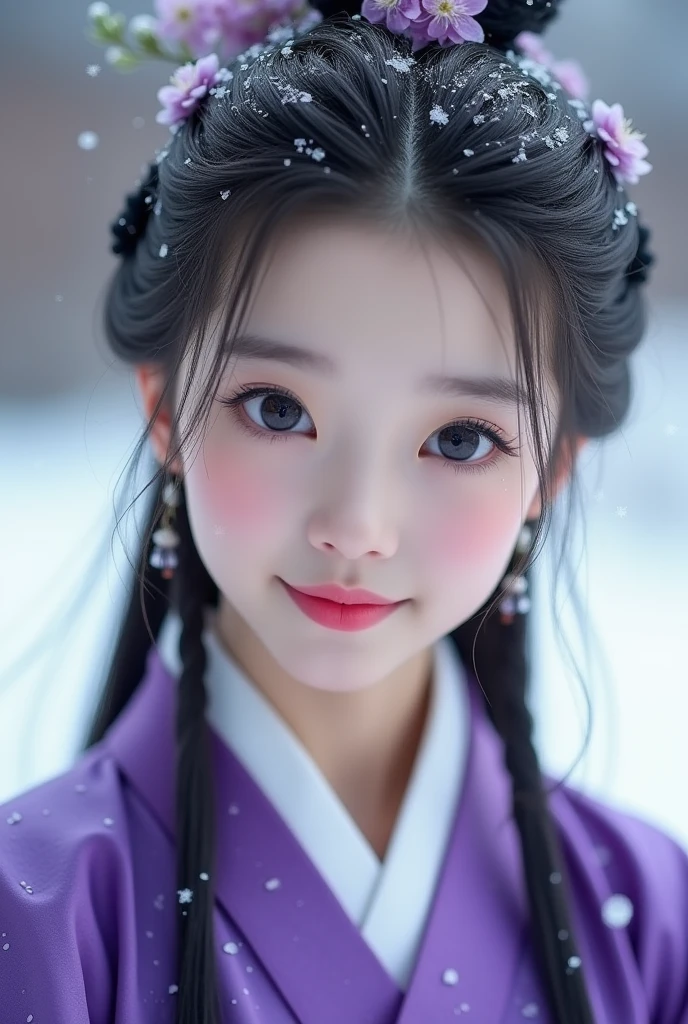 Bright Purple Taoist Robe, Hanfu long skirt, Big eyes, A masterpiece, an absolute beauty, 1 female, close. close, Healing Smile, Snow Scene, 4K quality, Twisted braid, Princess Hairstyle Princess Cut, Simple hair accessories, Plum blossom, people々Once you see it, you can't forget its beauty.