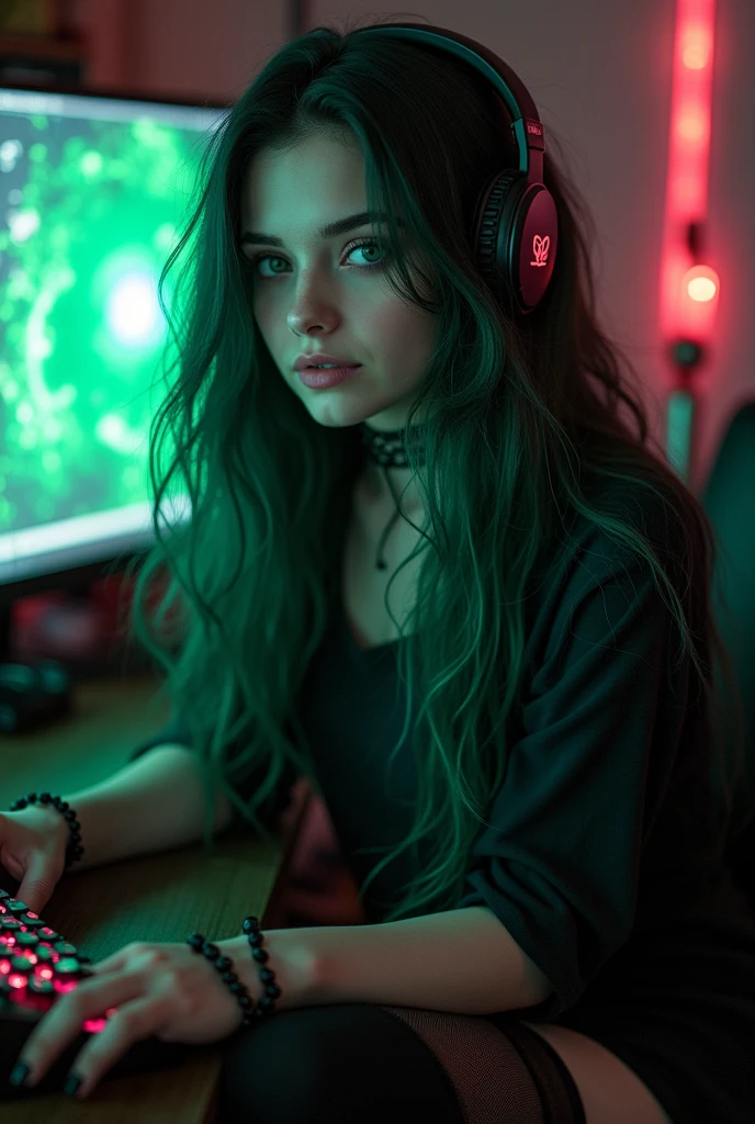 transgender girl, long dark green hair, septum peicing, sitting at computer playing video games, thigh highs, alt girl, goth girl
