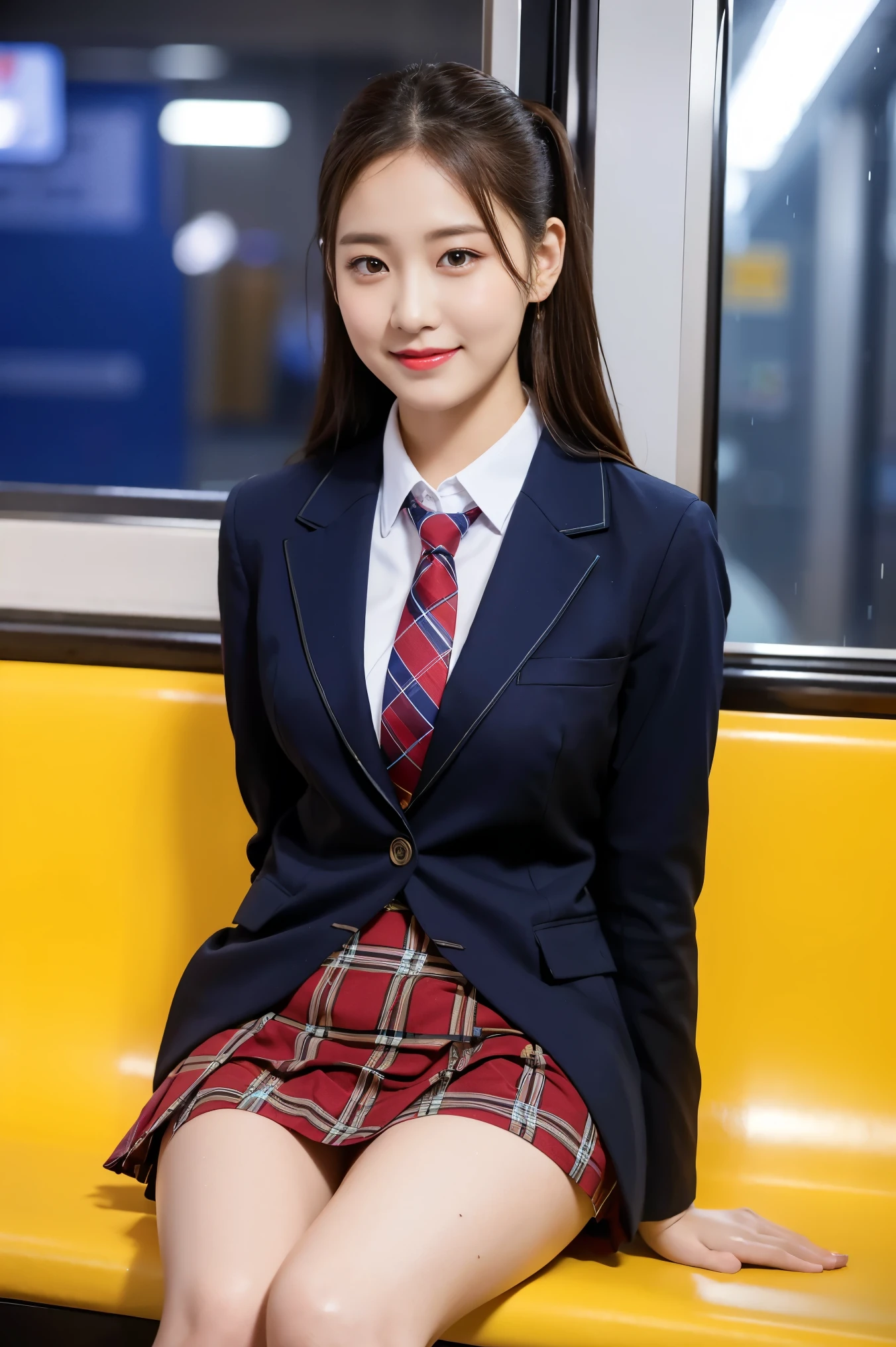 (8K), (highest quality: 1.2), (realistic), (realistic: 1.37), ultra high resolution, 1 girl, cute, smile, closed mouth, (red lip1.2),led cheak,beautiful details, beautiful nose, wet hair, giant dulcefo, pork, thighs,Self snap,University Student Uniform,Sitting on a Tokyo train,simple blazer,pleated skirt,(The pattern of the skirt and tie is a tartan check pattern..:1.3),cross your legs,thighs