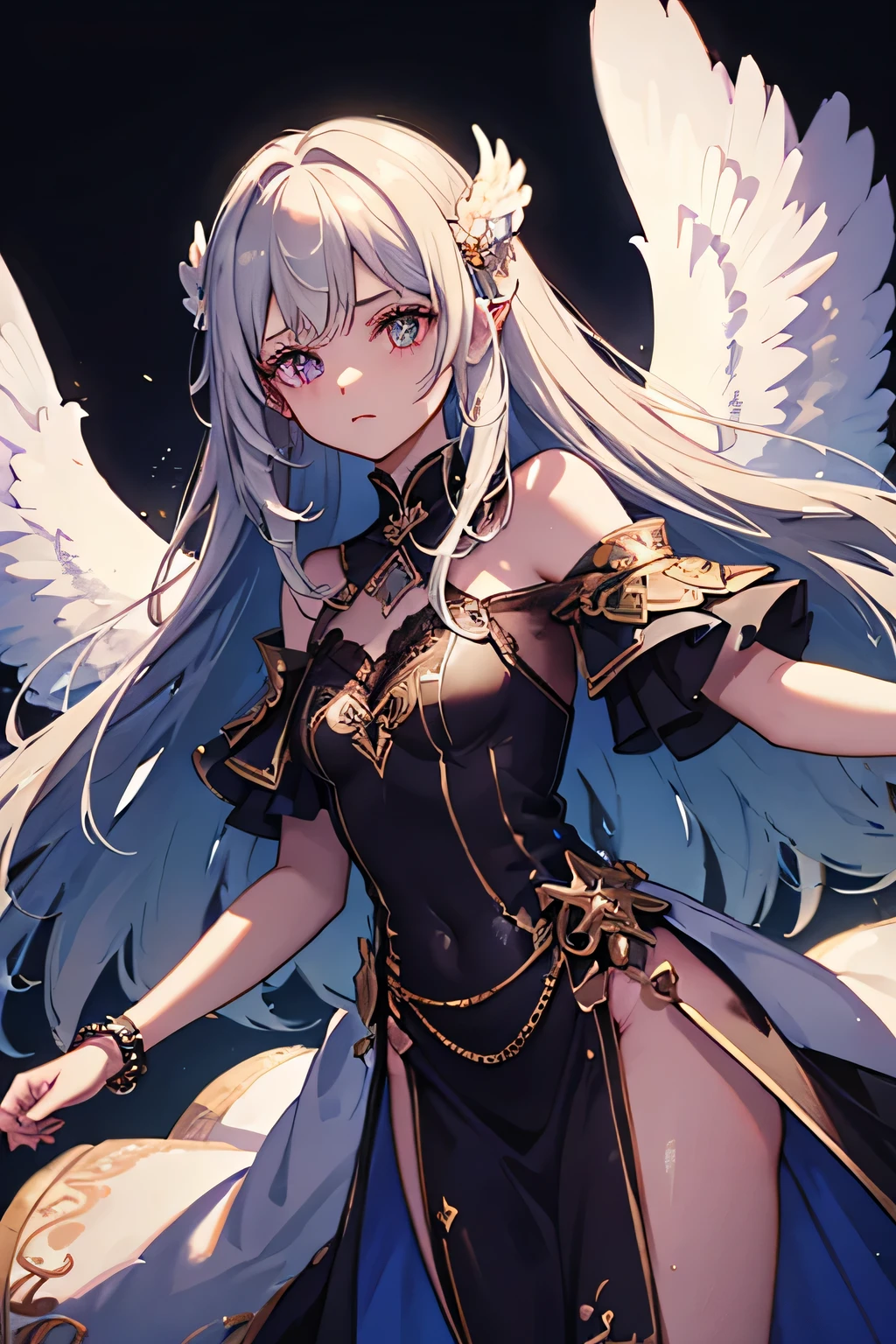 a female angel with long wings, with long white hair and purple eyes. wears a peasant dress, black with purple. small feathers above the ears. expression of anger and mockery. black background
