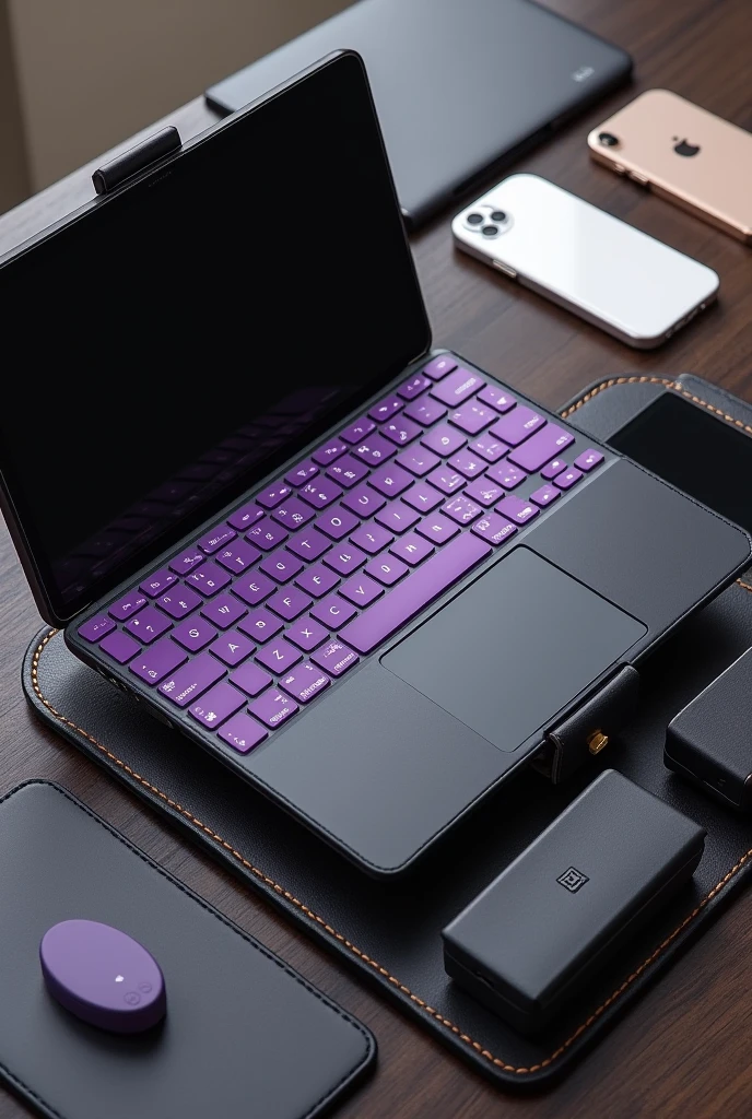 A leather portfolio, with a digital tablet to create documents, purple keyboard and at the bottom of the portfolio a mini printer