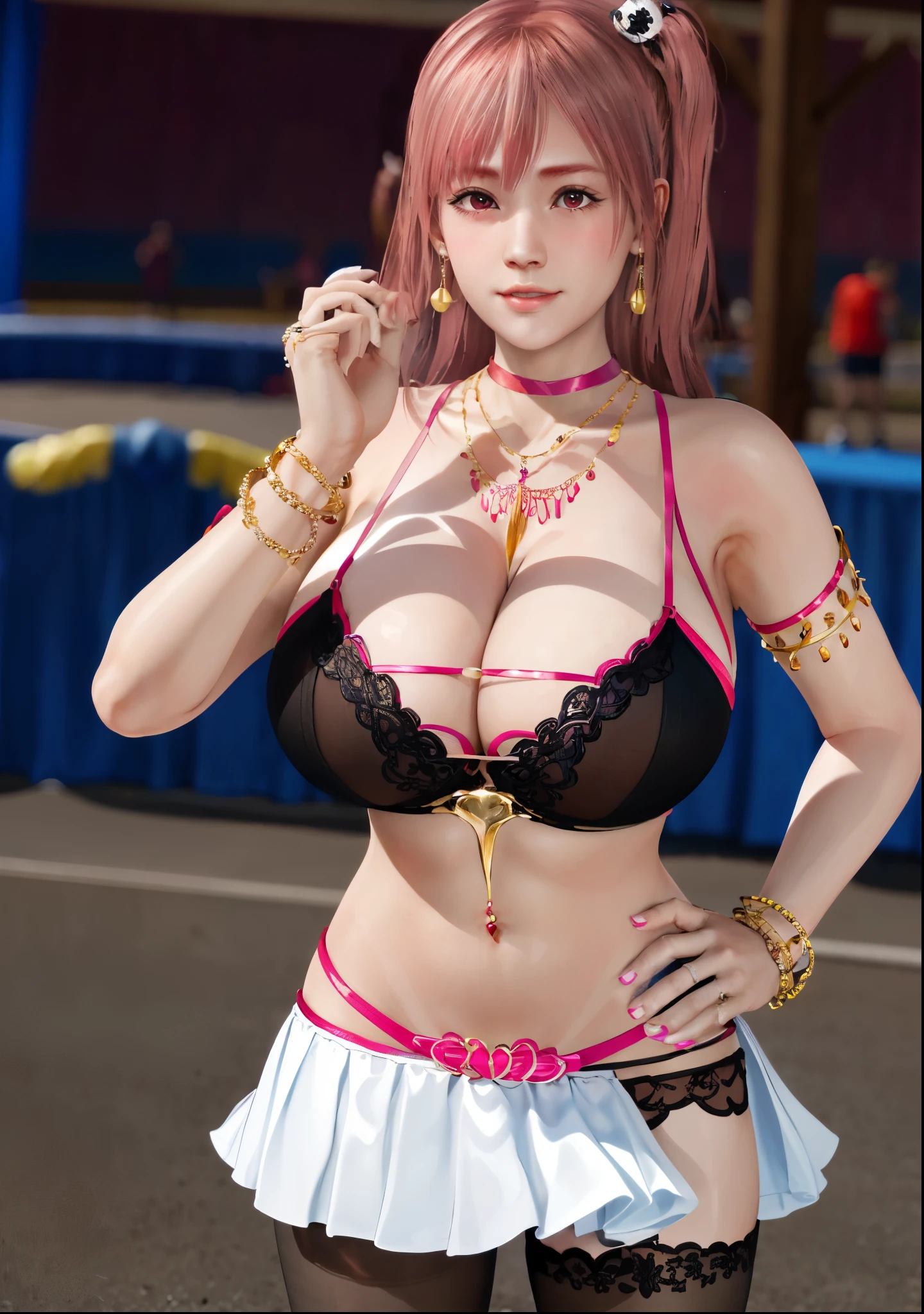 honoka, bracelet,ring, university student,Pink Hair,Huge breasts,Cleavage,Low-cut,pantyhose,cute,necklace,earrings,sports,shy,Red lips,miniskirt,Wearing very little