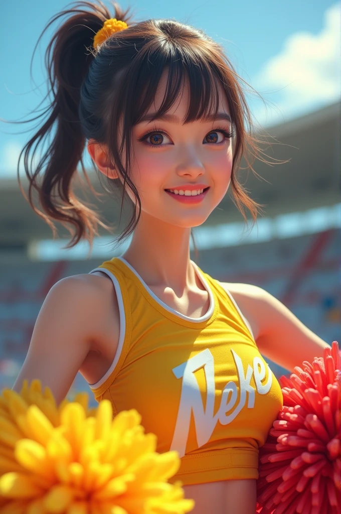 Alafed Asian cheerleaders holding pom-poms in stadium、1girl, Solo, Right body, Close-up、Cosplay Photo、Anime Cosplay、Small breasts、Live Shooting, Highest quality, High resolution, (masterpiece), (Photorealistic:1.4), Professional photos, Sharp Focus, Ticker, 8k resolution, Intricate details, Depth of written boundary, Highly Detailed CG Unity 8k Wallpaper, Front light, NSFW, woman, girl, Beautiful Supermodel, A sloppy smile、slender、Small cheer uniform、Yellow butt