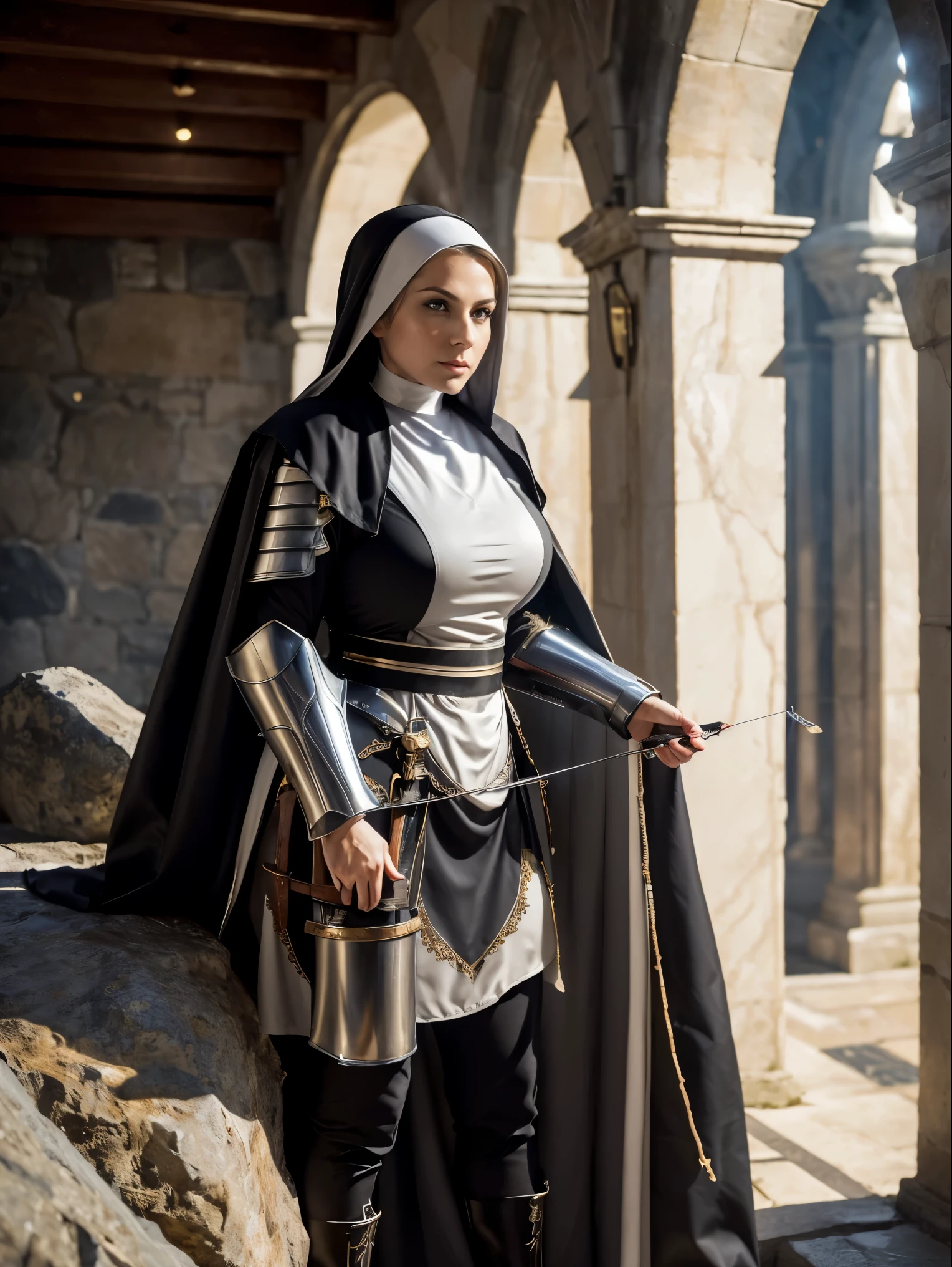 (masterpiece, top quality, best quality, official art, beautiful and aesthetic:1.2), (1girl:1.3), ((Sharp facial features, sharp features, hawkish features)), ((grey eyes)), busty paladin knight girl, extremely detailed, portrait, looking at viewer, solo, (full body:0.6), detailed background, full-body shot, (cold mountain glacier theme:1.1), holy knight, (nun), charlatan, smirk, mysterious, swaying in mountains, armor, polished metal, gold trim, long boots, white fabric, pelvic curtain, robe, pale leather, ((((nun, crossbow, heavy armor, armored, long legs, robes, prayer scrolls, toned, muscular)))), slim waist, slim hips, long legs, medieval (mountain exterior:1.1) background, dark mysterious lighting, shadows, magical atmosphere, dutch angle