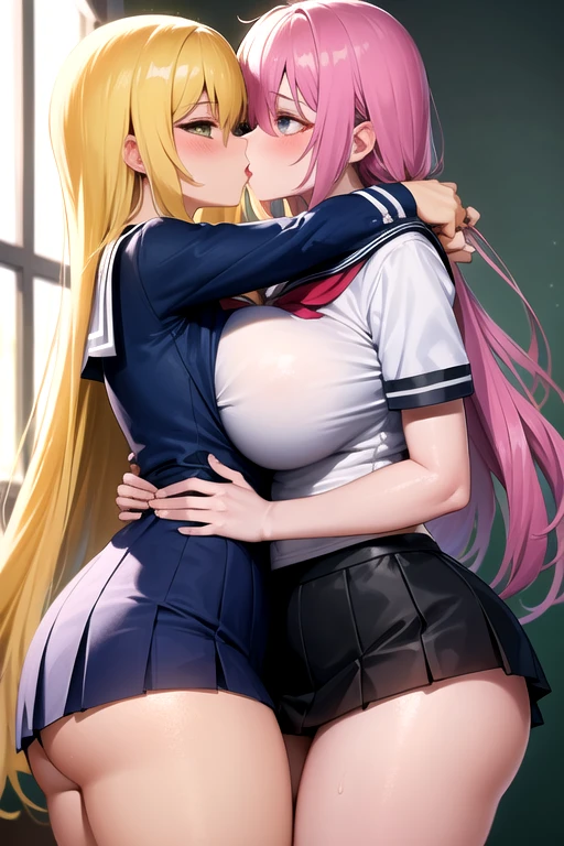 Lesbian (very long loose yellow hair)(big breasts, big thighs)(with school uniform clothes it is very tight) that he is kissing at school with his girlfriend,(big breasts, big thighs)lesbian love