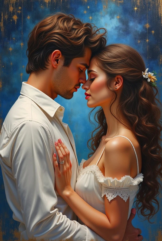 A pair of star-crossed lovers, their passion evident in every lingering touch and tender gaze. A stunning painting captures the essence of their bond, with vivid colors and intricate brushstrokes bringing the relationship to life. The couple's features are portrayed in exquisite detail, from the soft curve of their lips to the sparkle in their eyes. The overall composition exudes a sense of sincere connection and intimacy, making it a truly captivating work of art. She wears a white dress, and he wears a white dress shirt.