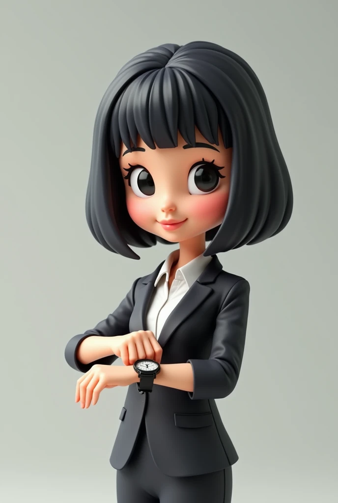 3d cartoon of a woman, short, straight and black hair, black eyes, looking forward wearing formal woman looking at watch