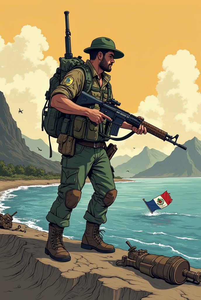 Make me an easy drawing of the "Pacific War"  in the style of the "serie gravity falls" that deals more with the countries of "boivia", "Peru and Chile" Make a guerrilla with a weapon and uniform fighting in the Pacific War for the struggle of the sea, add a landscape like the sea and cambate and mountains and carrying weapons and also as a background something catastrophic with bodies on the floor and add details like the flag of Bolivia and the flag of Chile and the flag of Peru waving in the wind
