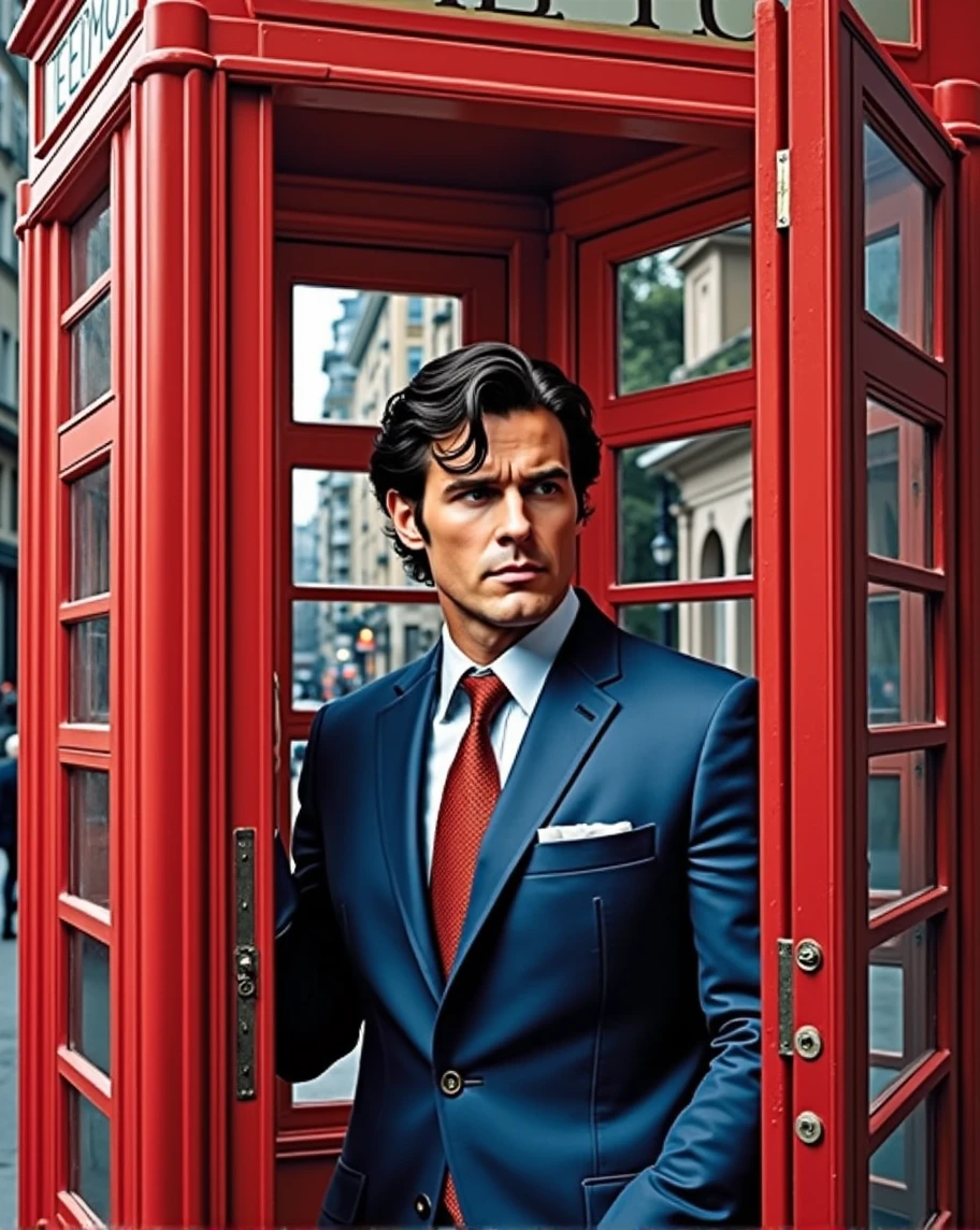 [Christopher Reeve:Henry Cavill:0.45] as Clark Kent in an iconic British Phon Box, to change his Identity as Superman