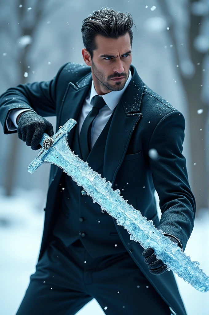 Man in suit and ice sword