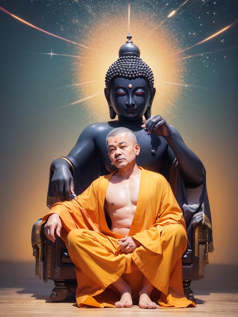 Create a great reslistic colorful hyperrealistic oil painting Gautama Buddha, dressed in neat and orderly saffron robes, very clear and peacefully detailed standing face, eyes down, fancy hand up, deep colors, light pale skin tone, and a brighting halo behind his head, with good Detailed, Good lighting, in Ultra HD 84K