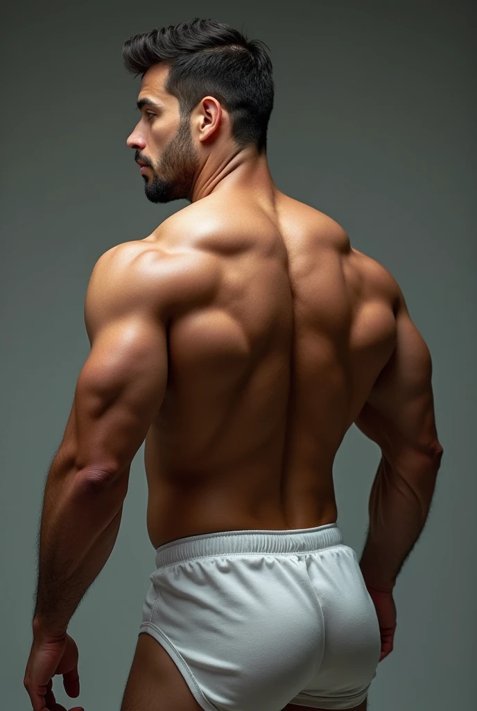 An award-winning original photo,A wild muscular man, (40 years old daddy:1.1), 1boy, Solo, (big shoulders, musculature, stubbles, Short beard, Beautiful eyes:1.3, ), (chengjianbin:1), (weizhenrong:1), (Detailed face:1.3), Dynamic Angle, dramatic pose, voluminetric lighting, (Best quality, A high resolution, Photorealistic), Cinematic lighting, Masterpiece, RAW photo, Intricate details, hdr, back view, hairy back, hairy backside running me over by a steamroller while wearing all white
