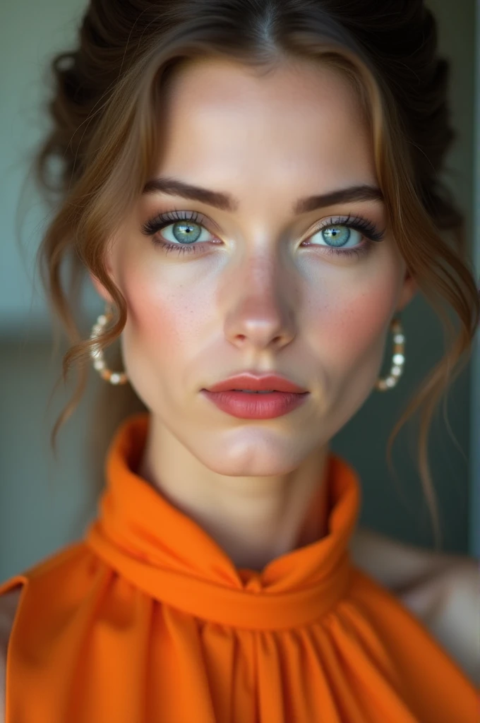 a close up of a woman with blue eyes and an orange dress