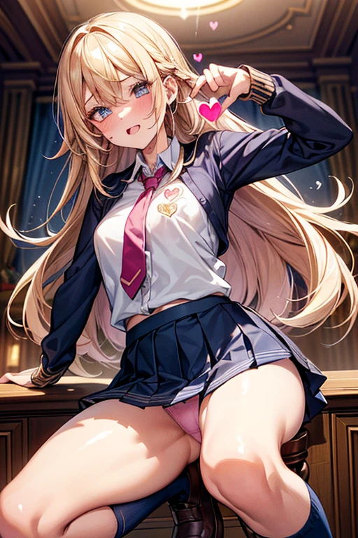 Browsing Caution,(Highest quality, 8k, masterpiece:1.3,beautiful girl), (Very detailed)Glowing Skin,(((Long Hair,blonde,Beautiful Hair))),(Perfect Anatomy, Anatomically correct, Very detailed肌),((Golden Eyes)),((Light blue collared shirt, Navy pleated mini skirt, socks, Navy tie, Light brown cardigan, White knee socks)), Pink Panties, School,library, Knee-high socks with vibrators, Dynamic Angle,(((Vulgarity))),Embarrassed expression,Knee-high socks on both feet,Hold your groin,Angle from below,Great style,Love juice overflowing from pussy,Lick your lips with your tongue,Double teeth,Drooling,(((Heart symbol on eye))),I'm Climax,Body-trembling ecstasy,Infatuated,Big Breasts,Big Ass,Peace sign with both hands,Thin pubic hair