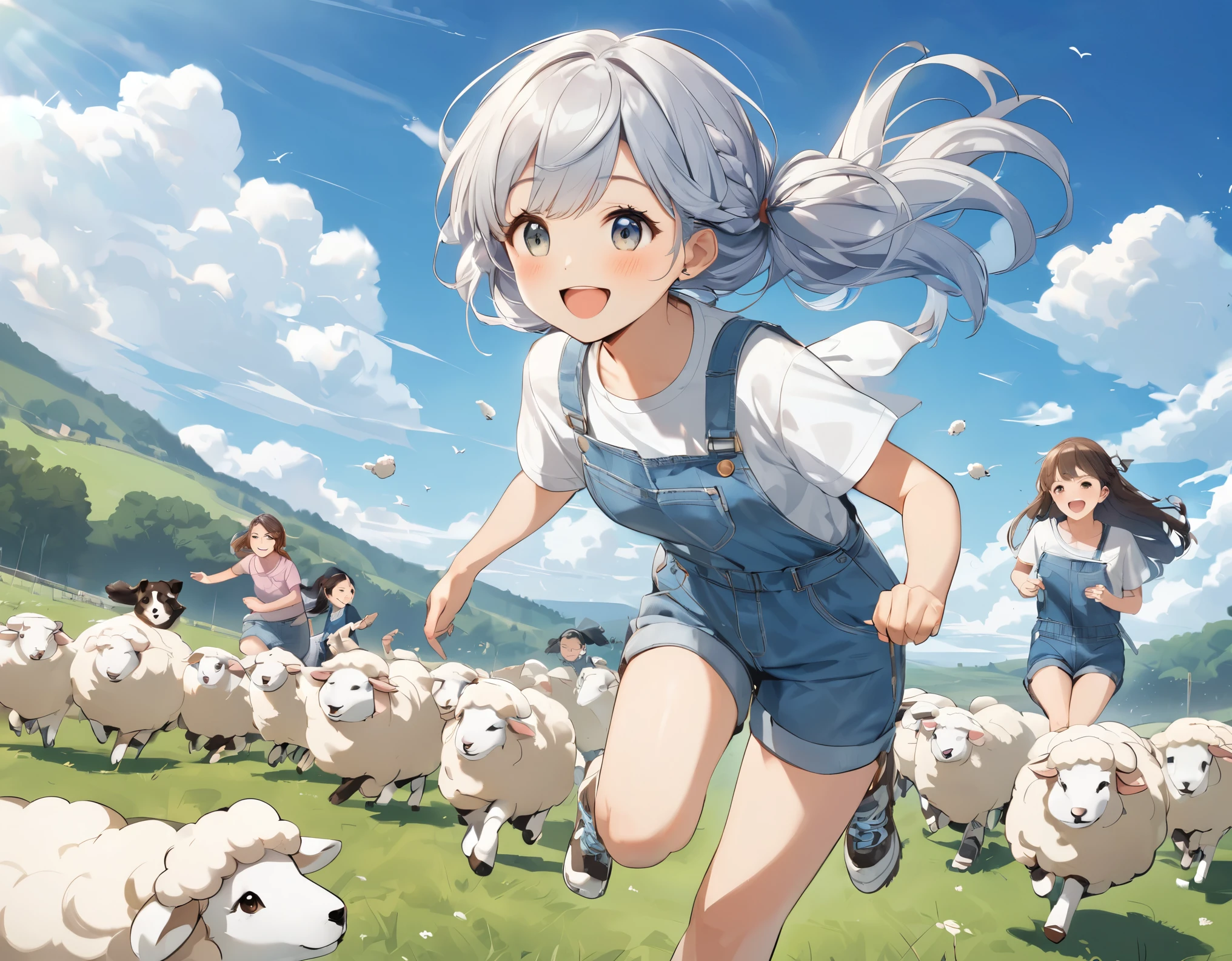 Light blue long hair、beautiful girl with twin tails、T-shirt and denim jumpsuit、A happy smile、Sheep pasture、Lots of sheep、Smiling girl holding a sheep、Running with the sheep、blue sky、Two dogs watching over sheep、Shepherd Dog