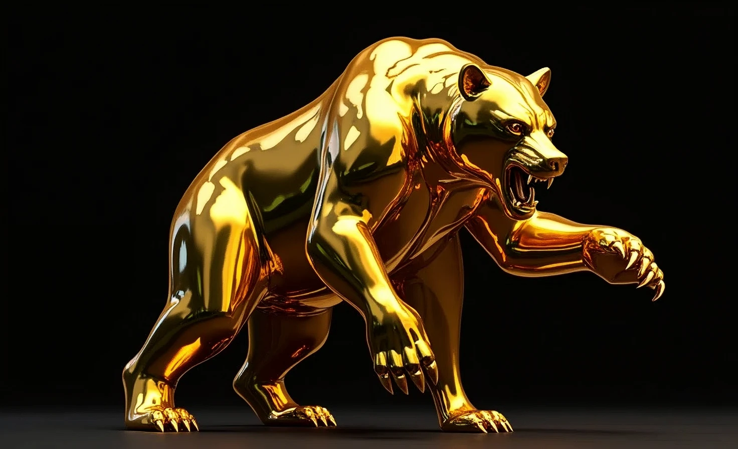 imposing menacing bear standing with claws up attacking. smooth gold body mirrored shiny chrome angry attacking from above with his golden bear black background. a bright golden chrome standing bull charging upwards with his golden bear black background