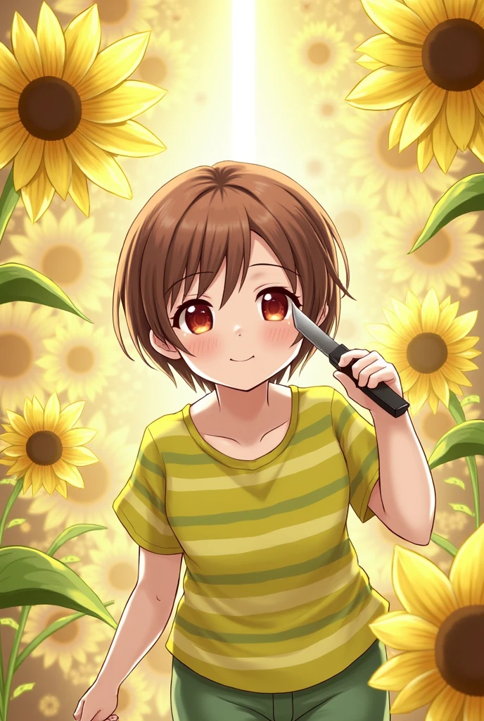 Red eyes, girl, Holding a knife, A yellow-green striped shirt with thick stripes, Red eyesが赤く光る, Tilt your head, Short brown hair、mushroom head, With a bright smile on his face, Character, Second Dimension, Golden flowers with a line of light overhead々standing between