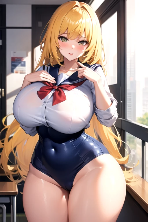 Lesbian (very long loose yellow hair)(big breasts, big thighs)(with school uniform clothes it is very tight) that he is kissing at school with his girlfriend,(big breasts, big thighs)lesbian love