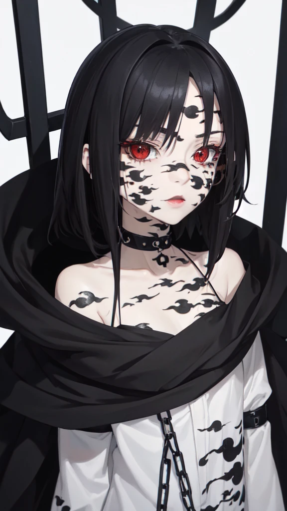 dark theme, (curse_mark: 1.21), 1girl, pale skin, sp1k3 choker, goth, black hair, red eyes, left shoulder, heterochromia upper body, looking at viewer, solo, portrait, simple background, 