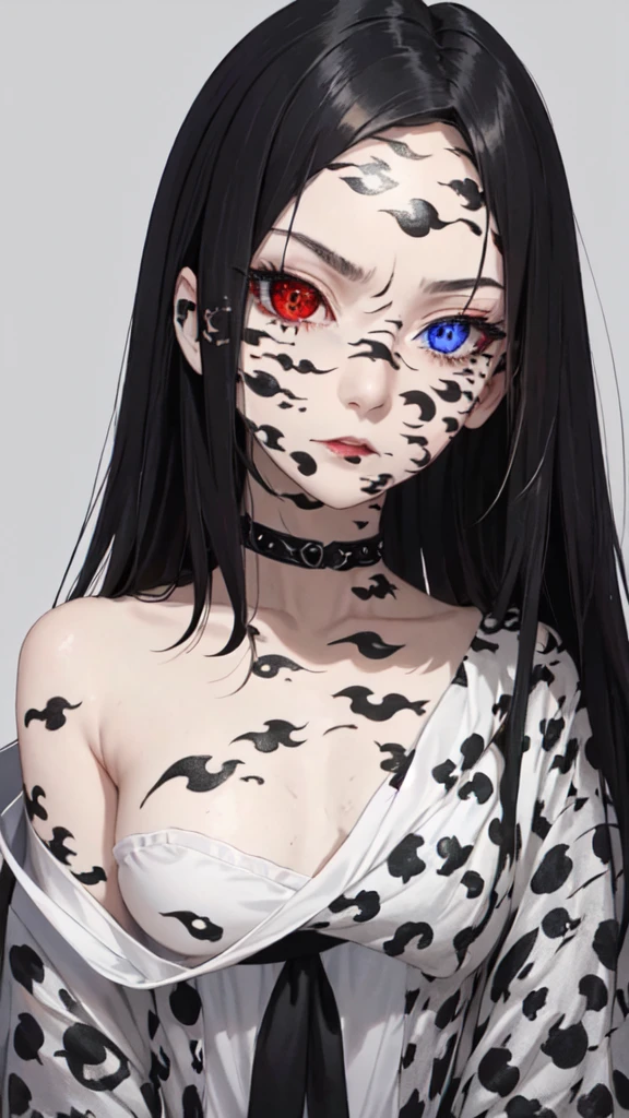 dark theme, (curse_mark: 1.21), 1girl, pale skin, sp1k3 choker, goth, black hair, red eyes, left shoulder, heterochromia upper body, looking at viewer, solo, portrait, simple background, 