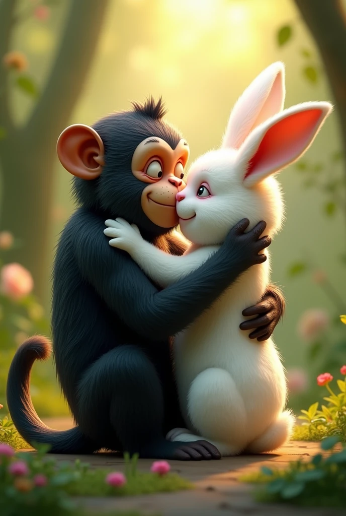 A monkey and a rabbit in love, the black male and the white female hugging in 3D