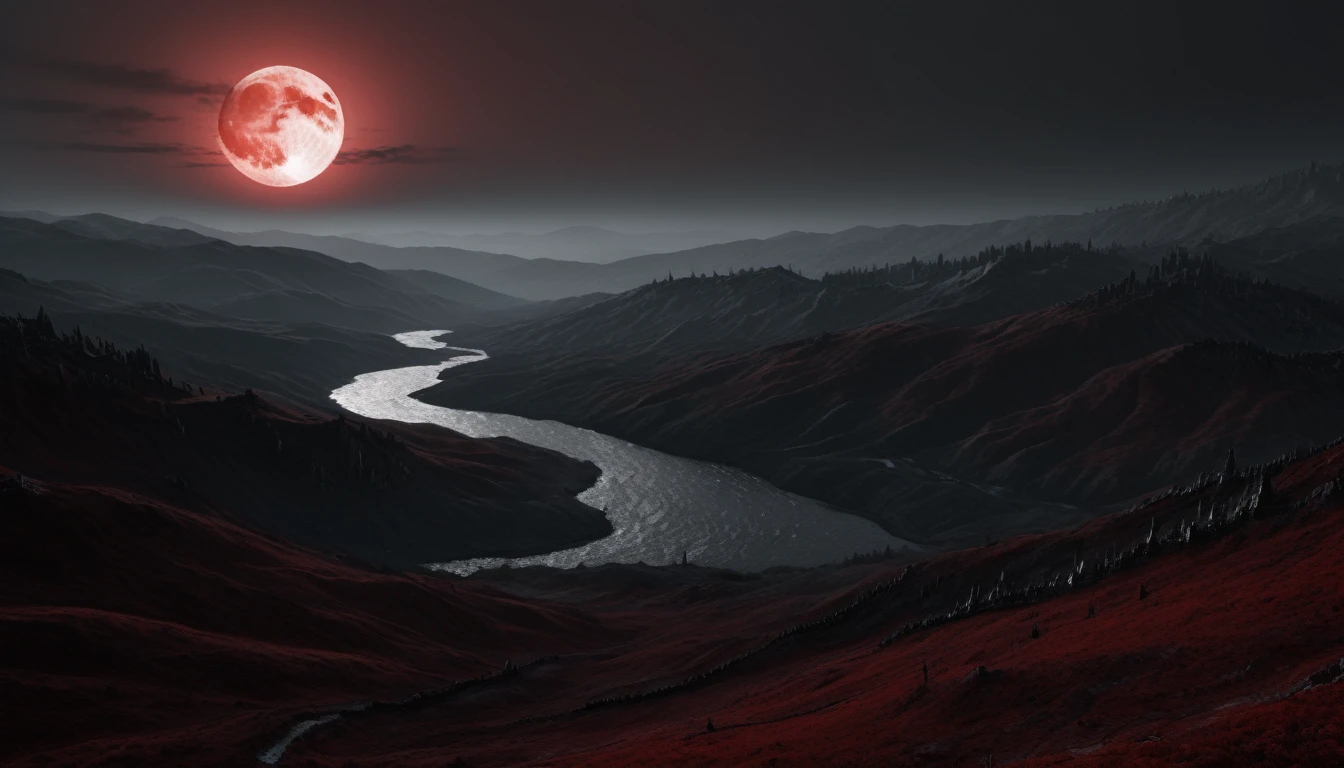 Masterpieces, fantasy dark souls vampire forest, Full red moon, river and lake of blood, red, grey and silver color scheme, rolling hills, panoramic shot, cinematic shot, volumetric lighting, intricate pattern detail, highly detailed