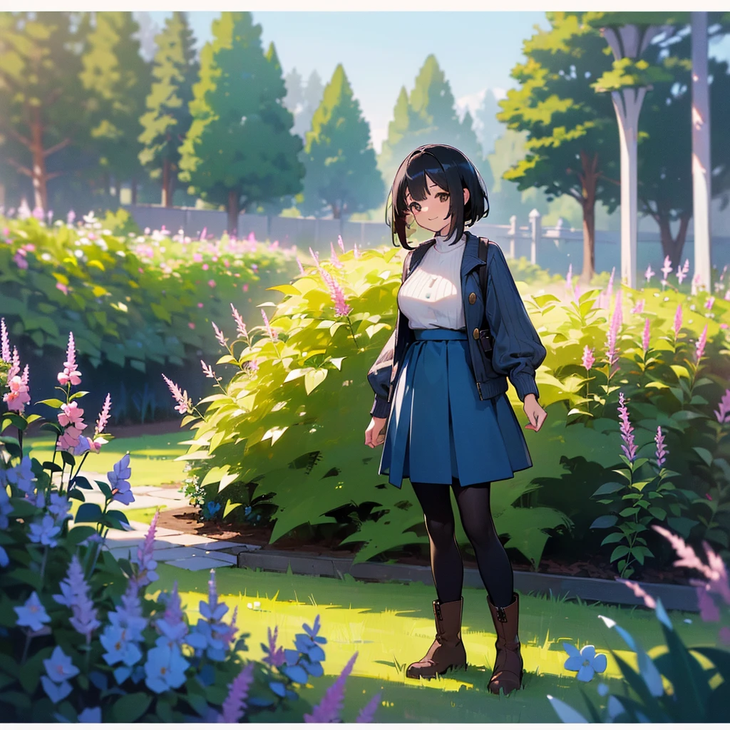 (high quality, High resolution, Very detailed, reality:1.37), Peaceful atmosphere, (Outdoor, garden),  girl standing alone, (my breasts are big.), Beautiful details, Cute Smile, (Black bob hair), Ribbed sweater, Blue Skirt, Black tights, Brown boots.