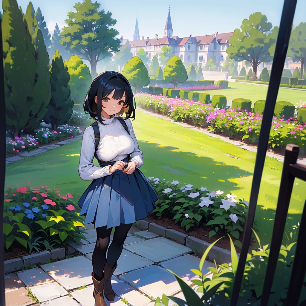 (high quality, High resolution, Very detailed, reality:1.37), Peaceful atmosphere, (Outdoor, garden), Teenage girl standing alone, (my breasts are big.), Beautiful details, Cute Smile, (Black bob hair), Ribbed sweater, Blue Skirt, Black tights, Brown boots.