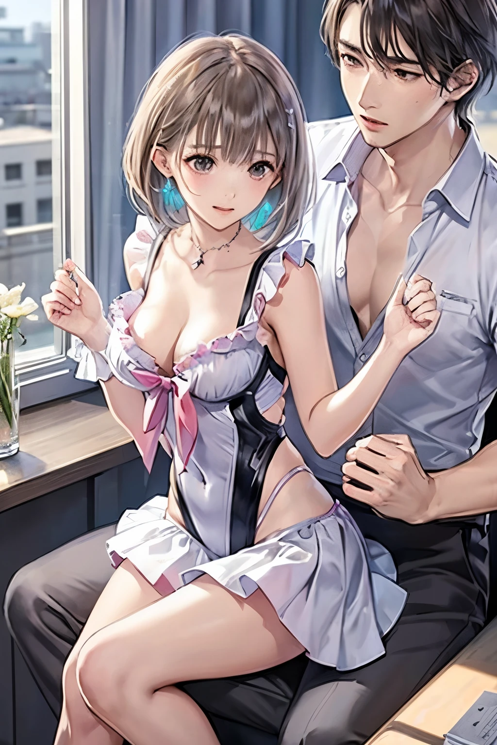 (((SFW、sound、Highest quality、first class、masterpiece、Normal body、8k、Detailed face、Ultra-precision、Normal hand、通常のrefer to、5refer to、Highest)))、beautiful girl、Silver Hair、Odd Eye((Emerald、brown))、Shortcuts、Bobcut、Small breasts、High leg leotard、Colorful frill mini skirt、Bright ribbon on the right side of the head、Frill ribbon on chest、Large frill ribbon on the back、Shirai Hinako - Blue Reflection、Transform、Magical girl、blush、Inject an aphrodisiac、Estrus、Feeling embarrassed、Open your mouth、first round、2people(Hinako and the man)、Couple、be with a man、Being hugged from behind by a man、A man is groping her breasts、Hotel、A man is sitting on the sofa with Hinako sitting on his lap.