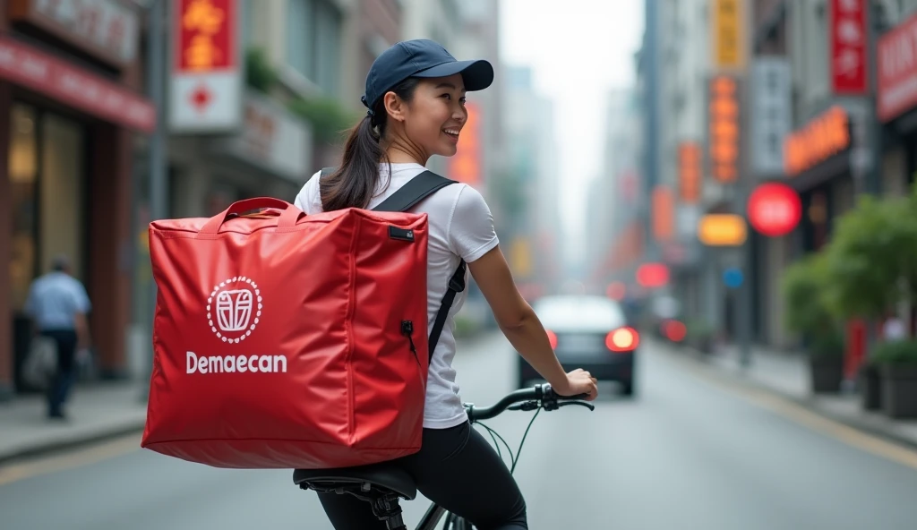 A cute Japanese woman turns to me, smiles, and wears a cap as she rides a cross bike diagonally from the right along Zhuanghua Street.
Carrying a red delivery bag with the Demaecan logo on his back