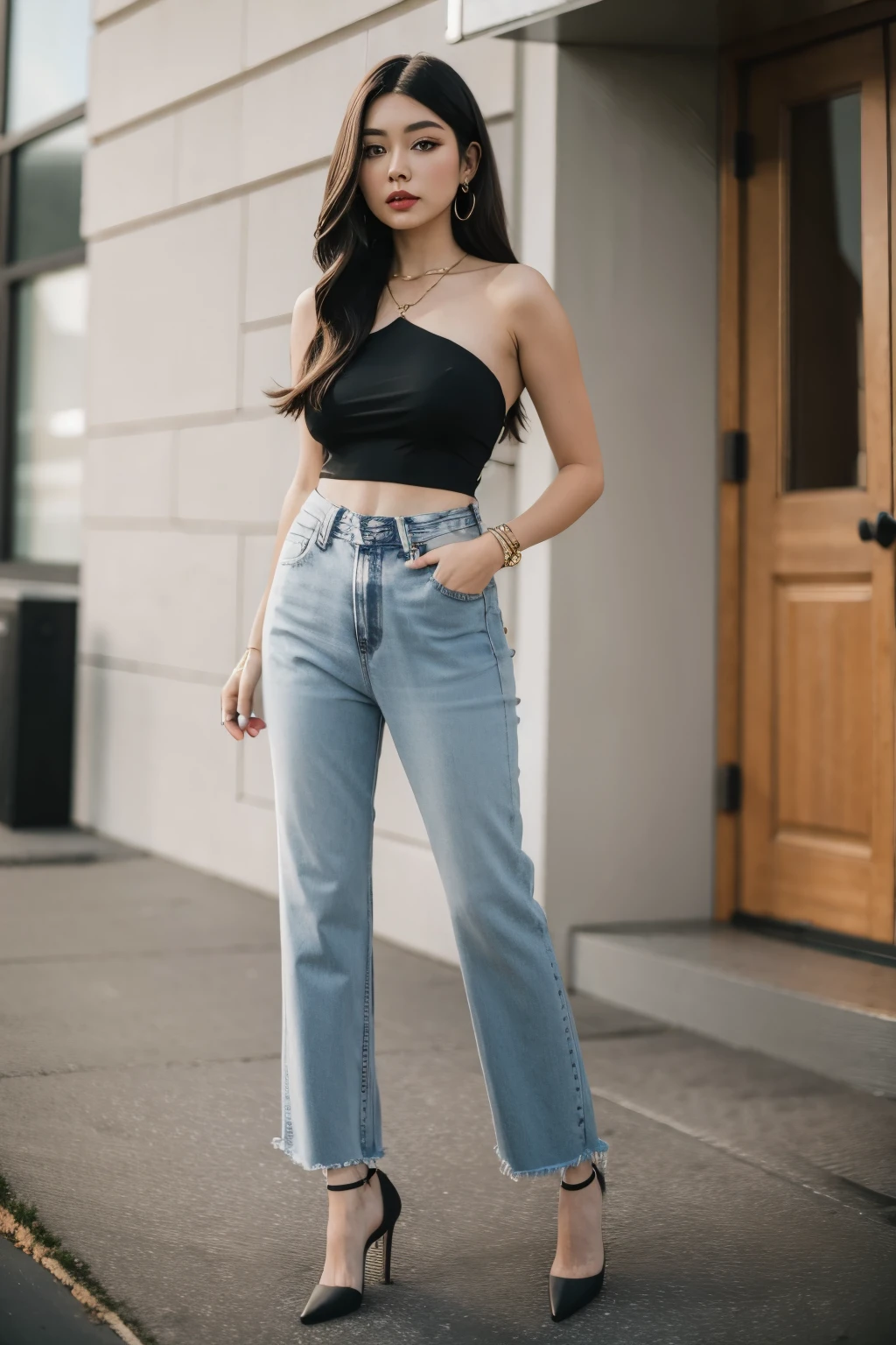 a one woman, Top Cropped preto, jeans, high-heels, shoulder length hair,
