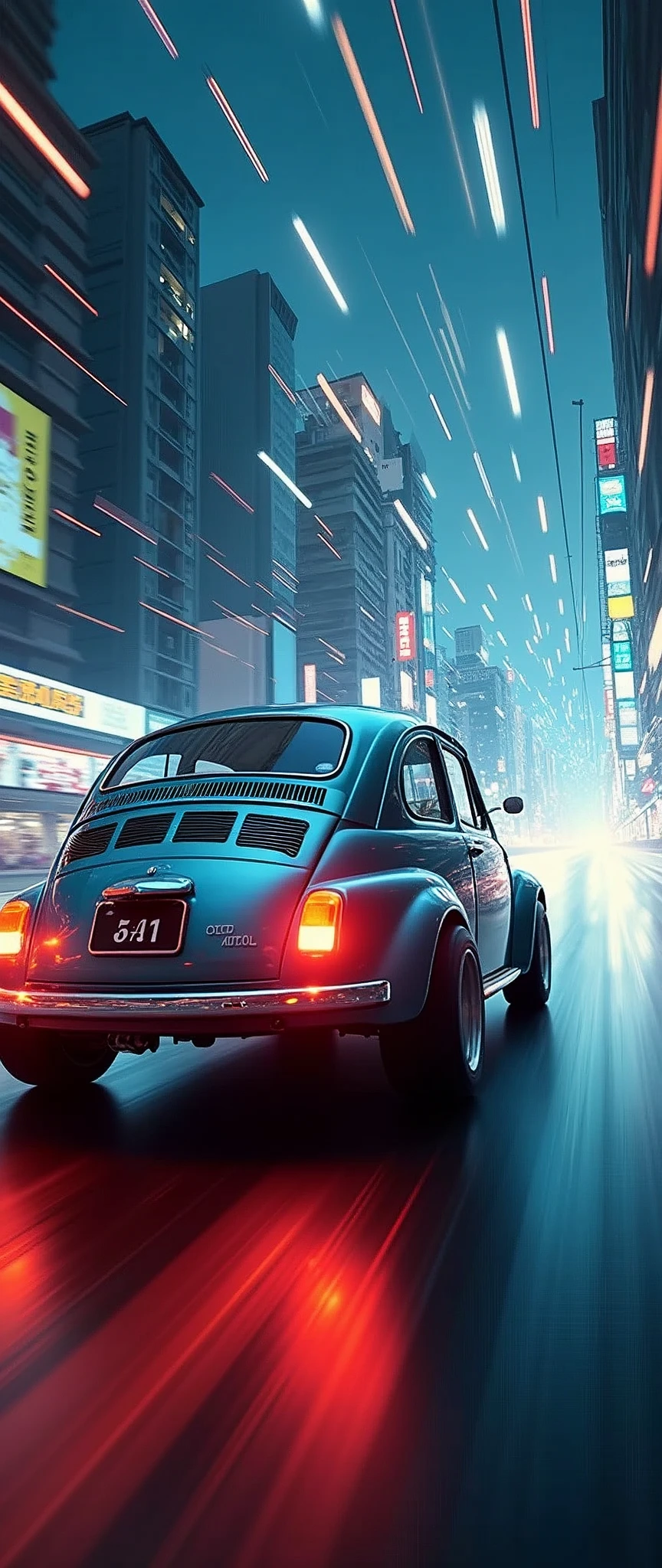 masterpiece,Highest quality,(Ultra-high definition CG Unity 8K wallpaper),(Highest quality),(Best illustrations),(Best Shadow),Physical Rendering,Realistic lighting,Beautiful sparkle,A time machine made from a Fiat 500,(Detailed depiction of a car-type time machine:1.6),(Cut through time and space at breakneck speed、Transcend time:1.6),(Expressing a sense of speed:1.6),(The background expresses the effect of transcending time and space...:1.6),(dynamic),(Shooting from the rear of the vehicle:1.6)