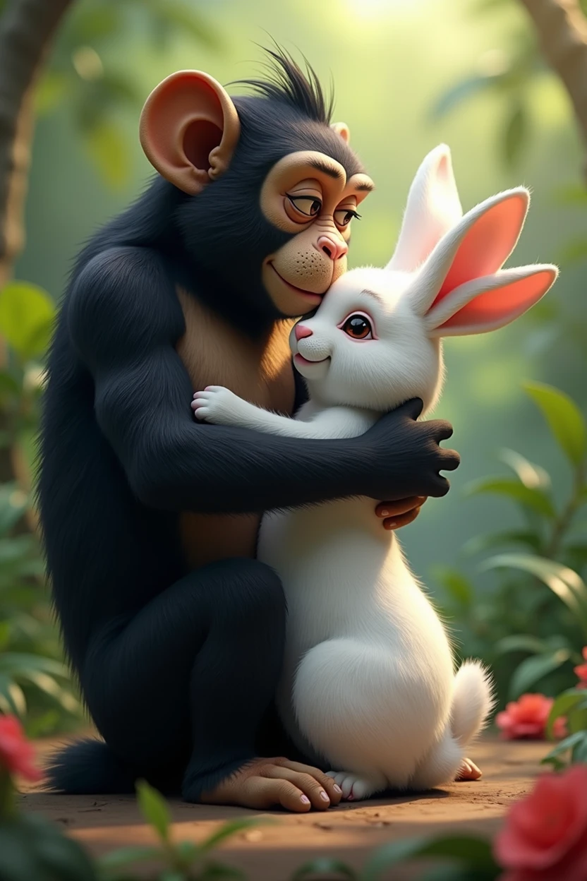 A ey and a rabbit in love, the black male and the white female hugging in 3D