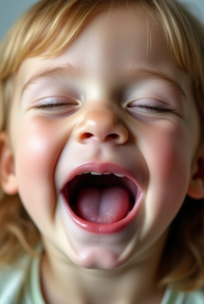 closeup of a female child’s face, mouth very wide open and smiling, eyes closed, naturally blonde hair, extreme skin detail, photorealistic, 8k, wallpaper, viewed from above