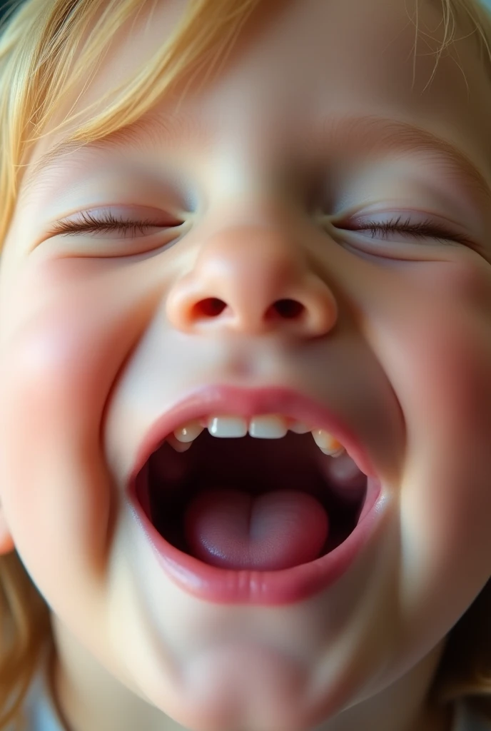 closeup of a female child’s face, mouth very wide open and smiling, eyes closed, naturally blonde hair, extreme skin detail, photorealistic, 8k, wallpaper, viewed from above