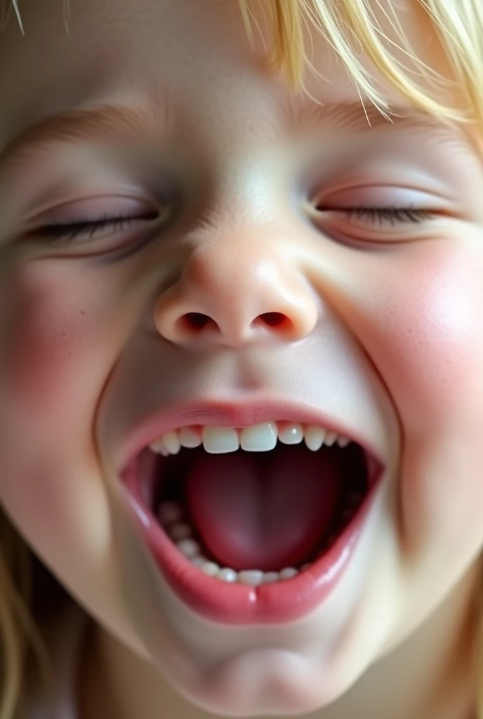 closeup of a female child’s face, mouth very wide open and smiling, eyes closed, naturally blonde hair, extreme skin detail, photorealistic, 8k, wallpaper, viewed from above