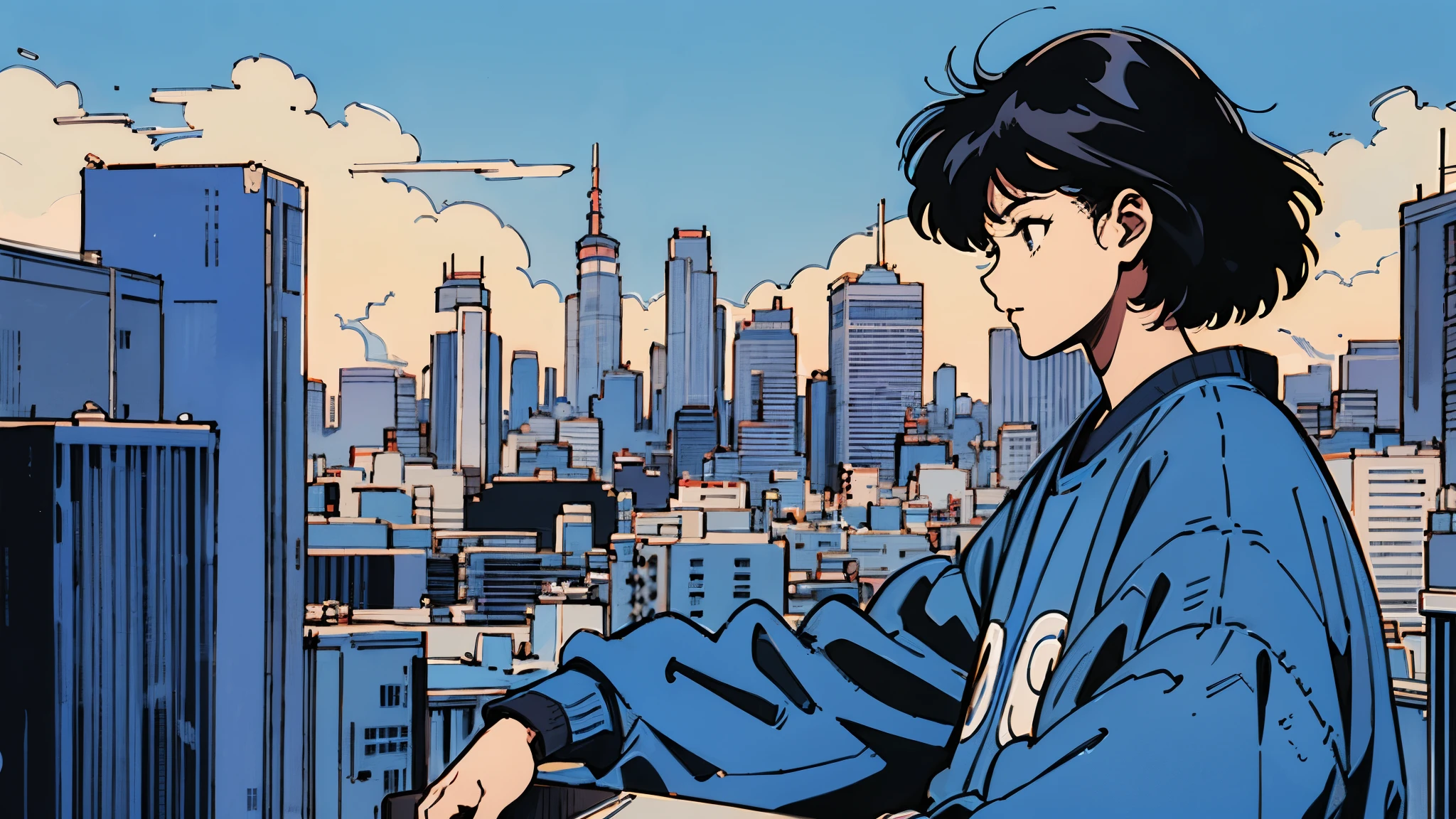 Background only, No people, Blue sky overlooking the Tokyo cityscape, Retro, lyco art, a manga drawing, by Satoshi Kon, lofi hip hop, wlop : :, ukiyo, ukiyo-style, yukito kishiro.