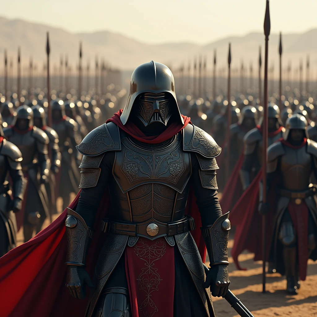 Imperial Army, thousands of warriors with swords, His armor is very ornate and (Black color with red tones). instill fear