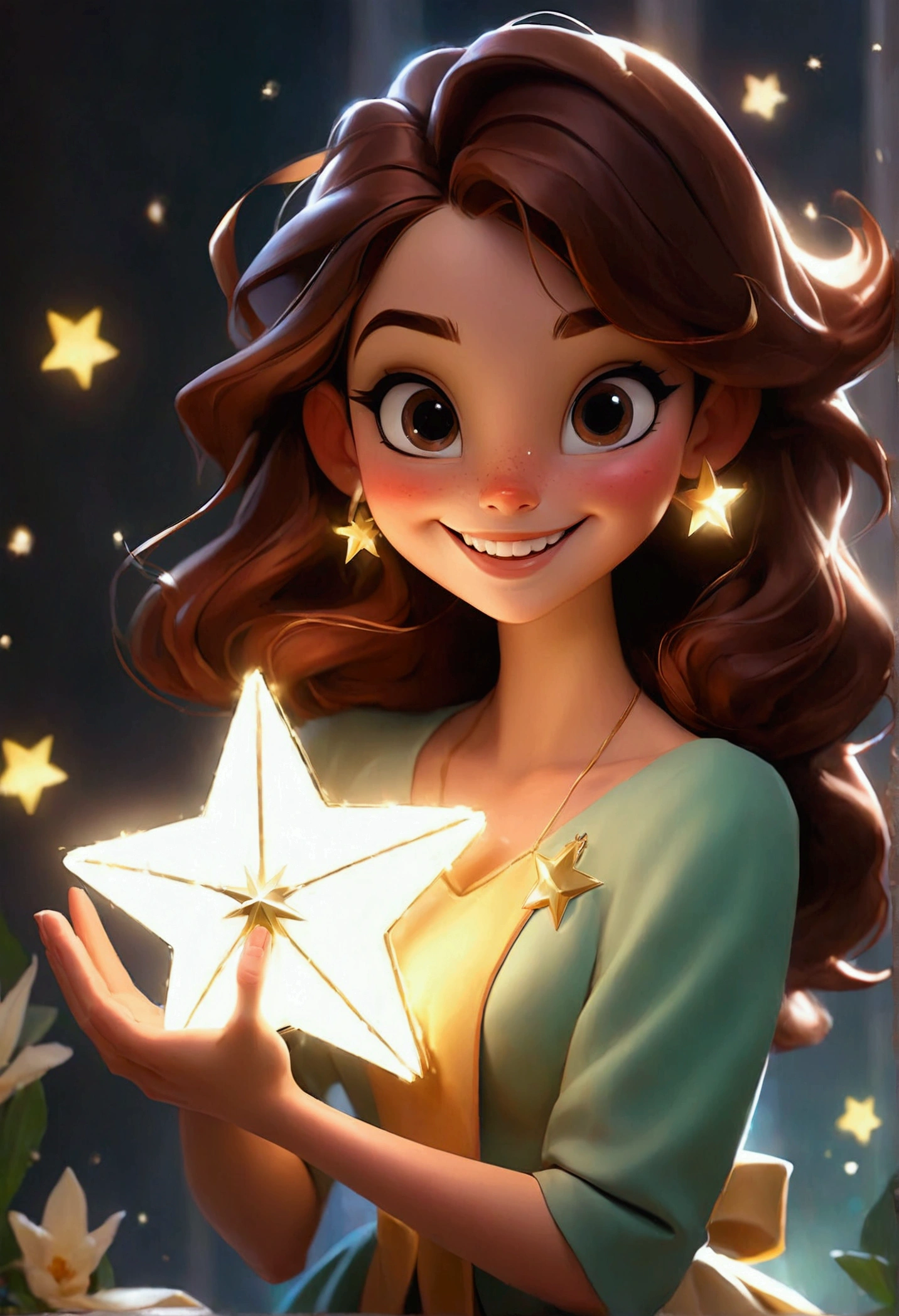 A cheerful young brunette, happy and smiling, holding a beautiful shining star 