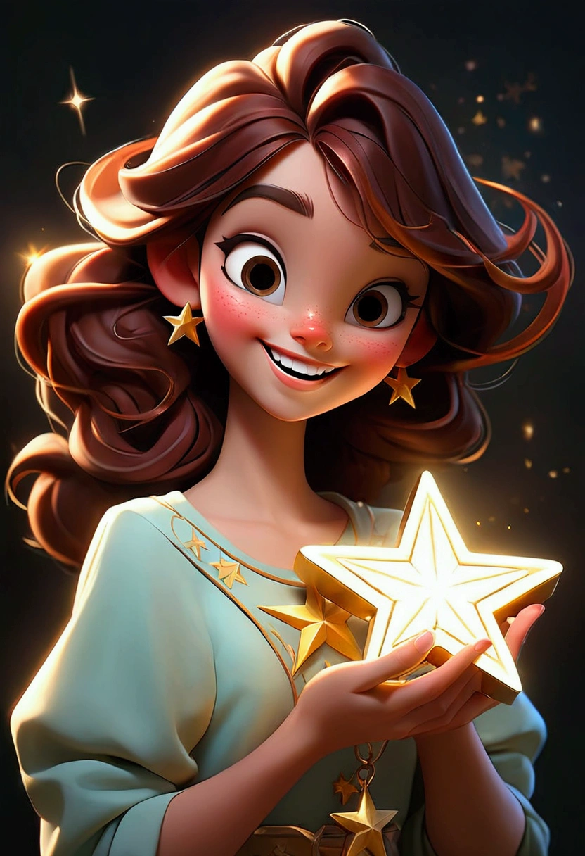 A cheerful young brunette, happy and smiling, holding a beautiful shining star