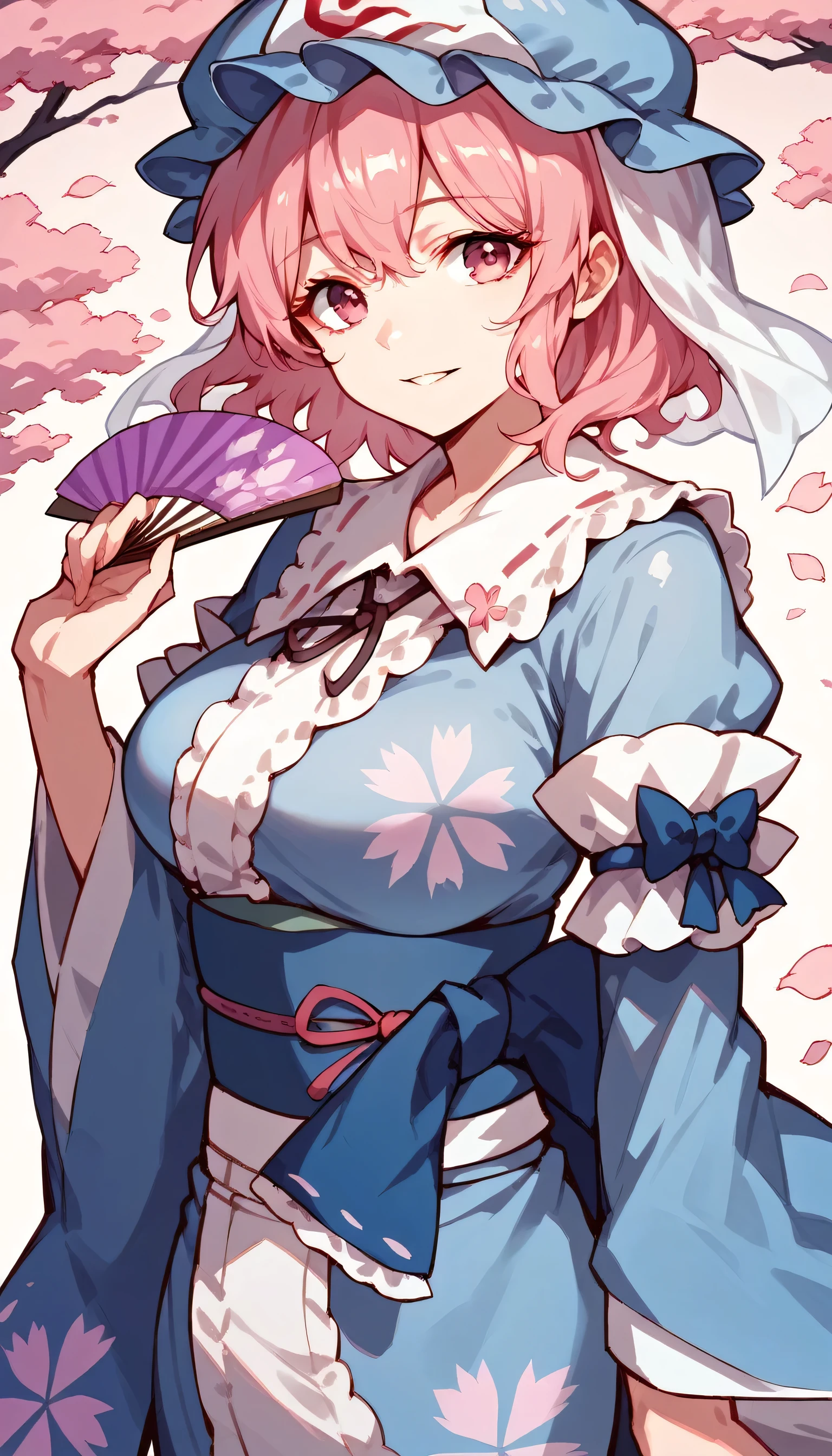 yuyuko, shiny skin,pink hair,pink eyes, hat,1girl, solo, japanese clothes, sash, kimono, bangs, looking at viewer, obi, gradient