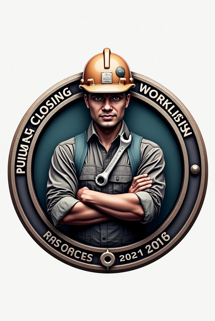 "A sophisticated emblem of a construction worker with a wrench and hard hat, framed by a circular border to symbolize unity and strength with a quote "Pejuang Closing". The logo uses a metallic texture and a bold, serif font.