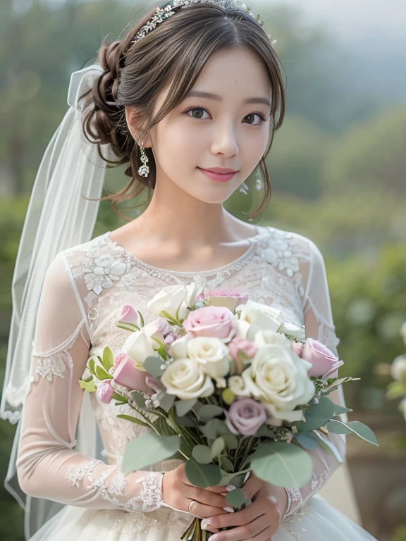 Photo-realistic quality、a woman in a Wedding dress holding a bouquet of flowers、Standing in front of the church、20 year old Japanese model、白のWedding dress,Hanae Mori style wedding dress、Japan idols at 20 years old、lace prom dresses、looking at the camera、Detailed and beautiful eyes、Cute smile、Relaxed and gentle expression、a close up of a woman in a Wedding dress holding a bouquet, Wedding dress, So magical and dreamy、Blur the background a lot、300ｍｍ F2.Shot with 8 lenses