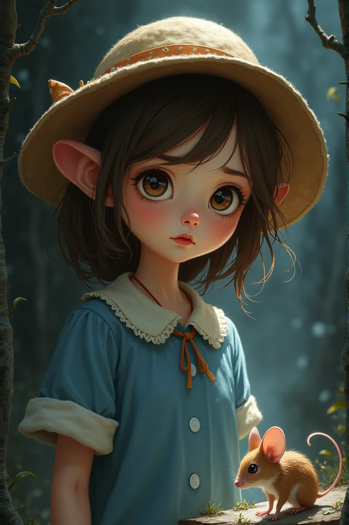 the girl with brown hair, round hat and blue dress shirt became small like a mouse because she had put on the perfume given by the evil witch