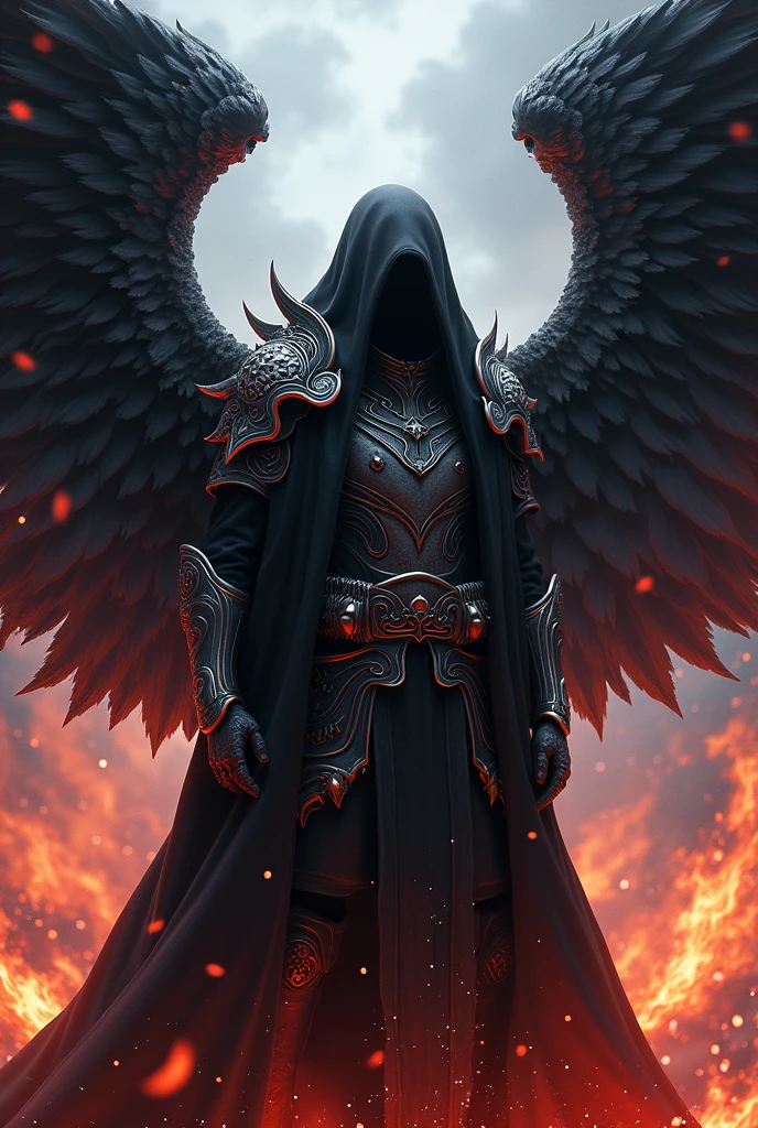 Madara Uchiha warrior with diamond wings and Hebrew letters written on it and a black fire aura and a hood and bloody armor