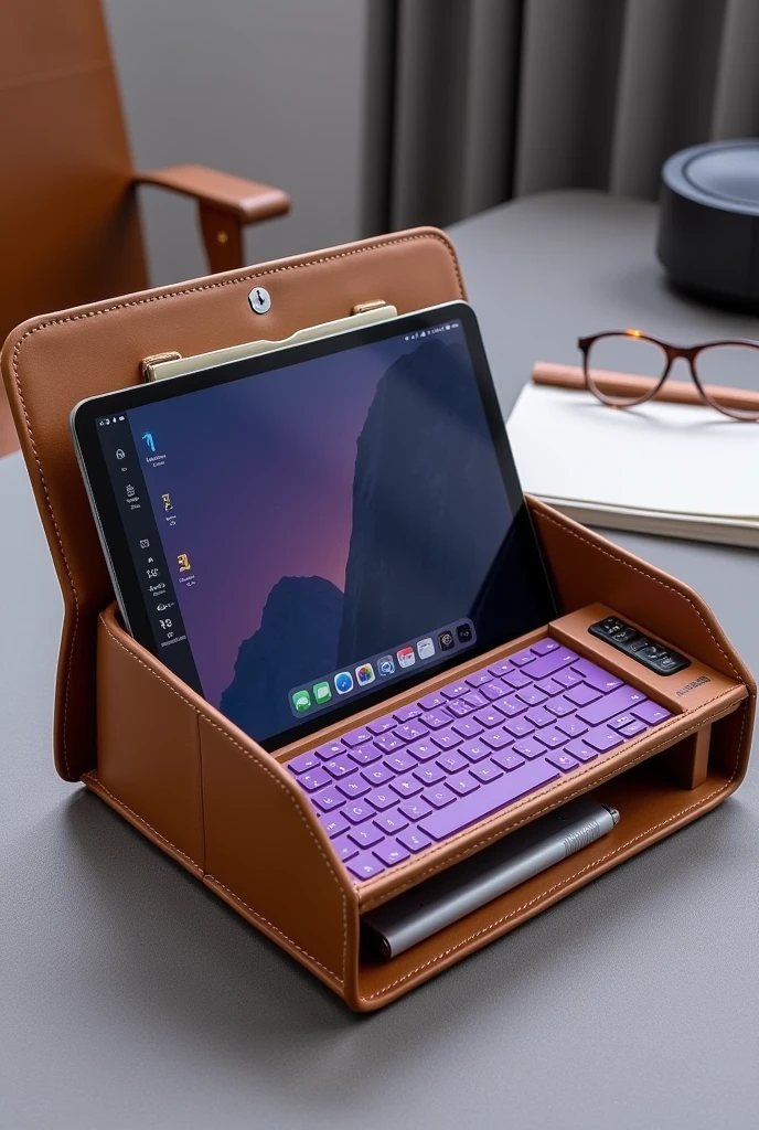 A medium leather portfolio, with a digital tablet to create documents, purple keyboard and at the bottom a mini printer, All in one.